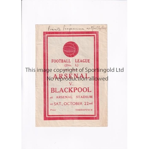 201 - ARSENAL      Pirate programme issued by Ben Williams for the home League match v Blackpool 22/10/194... 