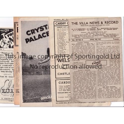 22 - FOOTBALL PROGRAMMES FOR 1946/7 SEASON     Five programmes:- Aston Villa v Sunderland 8/4/47, folded ... 