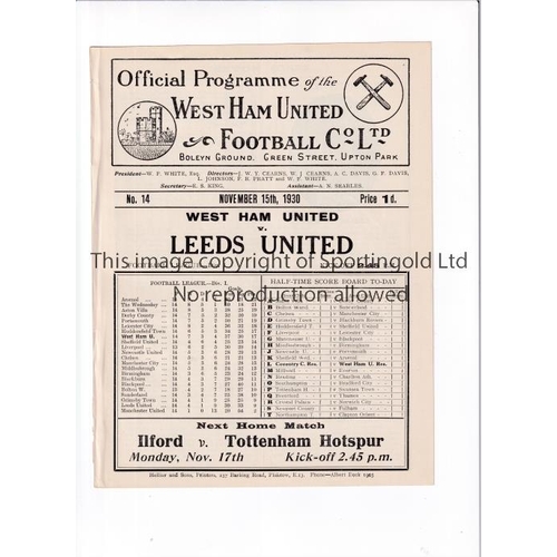 253 - LEEDS UNITED       Programme for the away League match v West Ham United 15/11/1930, ex-binder.     ... 