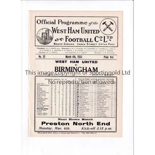 254 - WEST HAM UNITED V BIRMINGHAM CITY 1933      Programme for the League match at West Ham 4/3/1933, ex-... 