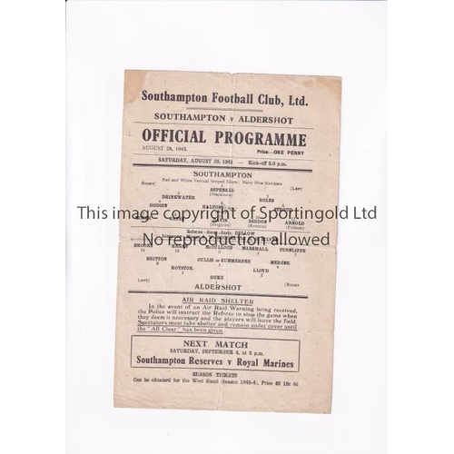 266 - SOUTHAMPTON V ALDERSHOT 1943     Single sheet programme for the FL South match 28/8/1943 at Southamp... 