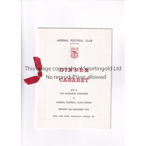 277 - ARSENAL        Menu for the Honorary Stewards Dinner and Cabaret 2/12/1974, very slight vertical cre... 
