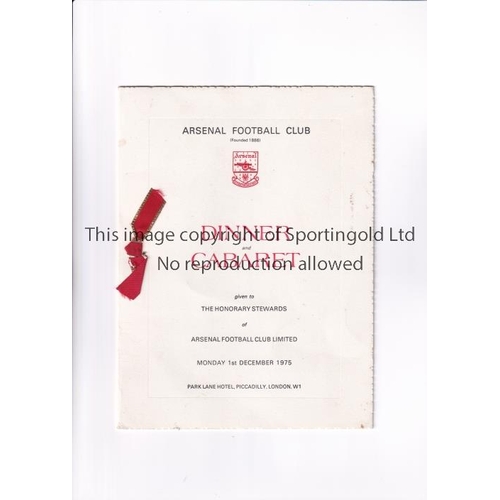 278 - ARSENAL        Menu for the Honorary Stewards Dinner and Cabaret 1/12/1975.      Good
