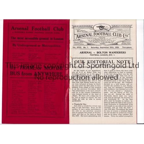 28 - ARSENAL    Programme for the home League match v Bolton Wanderers 28/9/1929, very slightly creased. ... 