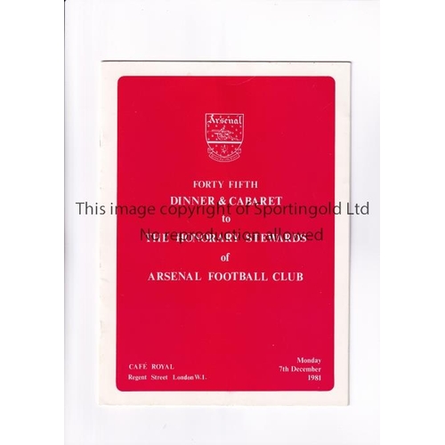 281 - ARSENAL        Menu for the Honorary Stewards Dinner and Cabaret 7/12/1981, very slight vertical cre... 