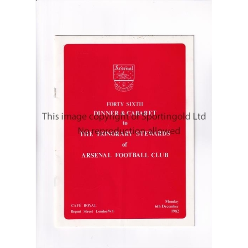 282 - ARSENAL        Menu for the Honorary Stewards Dinner and Cabaret 6/12/1982.      Good