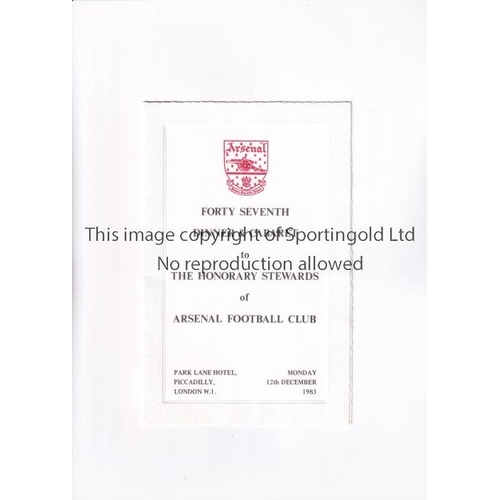 283 - ARSENAL        Menu for the Honorary Stewards Dinner and Cabaret 12/12/1983.      Good
