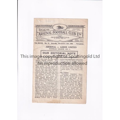 291 - ARSENAL V LEEDS UNITED 1946      Programme for the League match at Arsenal 16/11/1946, slightly crea... 