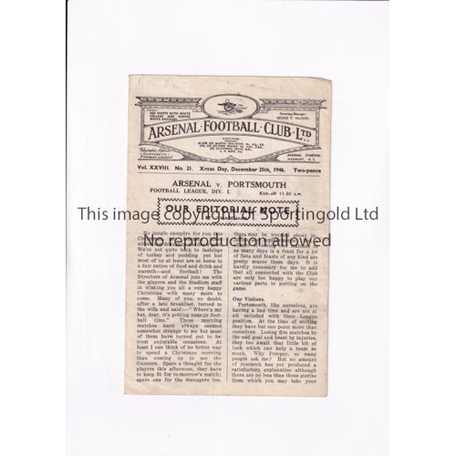 292 - ARSENAL     Programme for the home League match v Portsmouth 25/12/1946, slightly creased and team c... 