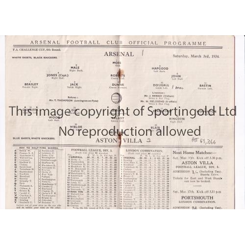 293 - ARSENAL     Programme for the home FA Cup tie v Aston Villa 3/3/1934, very slight vertical crease an... 