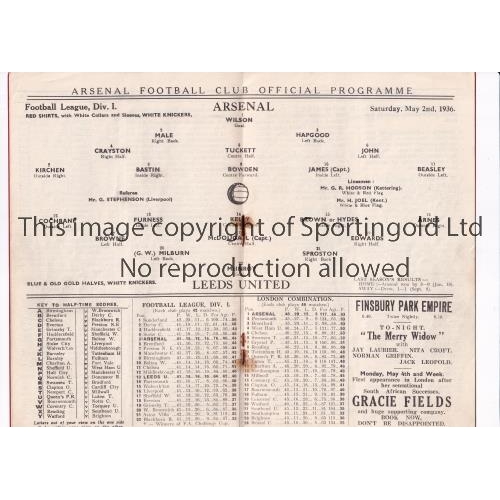 294 - ARSENAL V LEEDS UNITED 1936 / REPORT ON 1936 FA CUP FINAL      Programme for the League match at Ars... 