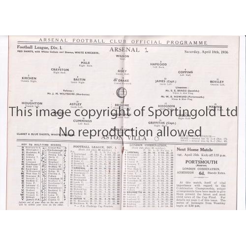 295 - ARSENAL / EAST STAND HIGHBURY       Programme for the home League match v Aston Villa 18/4/1936 with... 