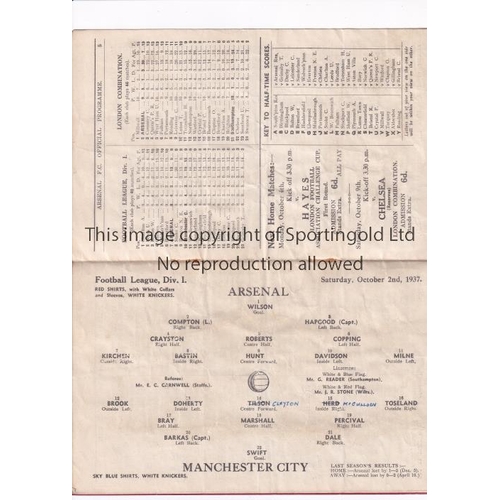 297 - ARSENAL       Programme for the home League match v Manchester City 2/10/1937, slightly creased, tea... 
