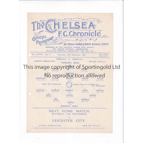 34 - CHELSEA V ARSENAL 1931     Single sheet programme for the London Combination match at Chelsea 24/9/1... 