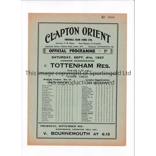 45 - TOTTENHAM HOTSPUR       Programme for the away London Combination match v Clapton Orient 4/9/1937, v... 