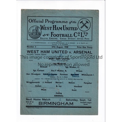 48 - ARSENAL    Programme for the away FL South v West Ham United 27/8/1945, slightly folded in four, tea... 