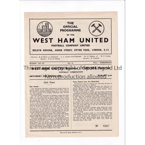 50 - CHELSEA     Programme for the away Football Combination match v West Ham United 29/3/1958.     Good