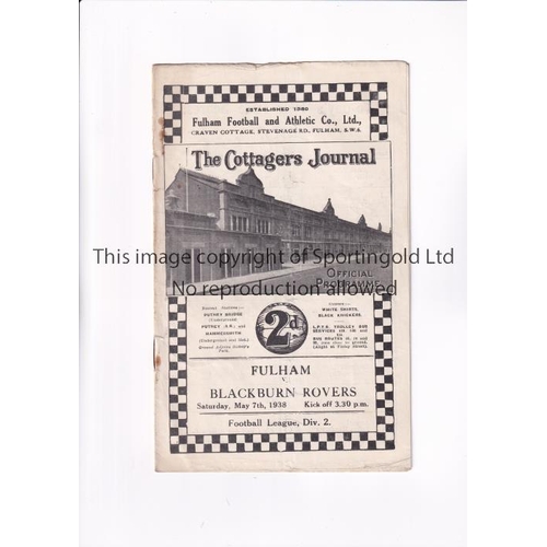 59 - FULHAM V BLACKBURN ROVERS 1938     Programme for the League match at Fulham 7/5/1938, slightly creas... 