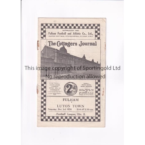 62 - FULHAM V LUTON TOWN 1938     Programme for the League match at Fulham 3/12/1938, slightly creased an... 