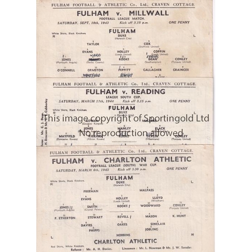 66 - FULHAM     Three single sheet home programmes for matches in the 1943/4 season v Charlton Athletic C... 