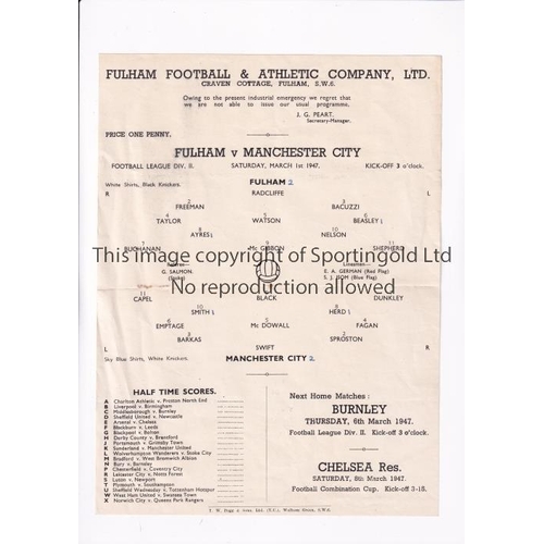 67 - FULHAM V MANCHESTER CITY 1947 / FUEL EMERGENCY EDITION     Single sheet programme for the League mat... 