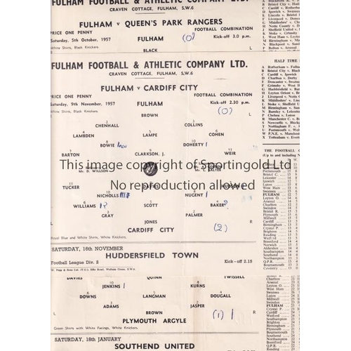 73 - FULHAM      Sixteen single sheet programmes for home Football Combination matches for season 1957/8 ... 