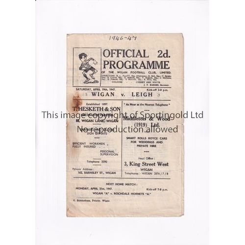 92 - RUGBY LEAGUE / WIGAN V LEIGH 1947     Programme for the match at Wigan 19/4/1947, slightly marked, s... 