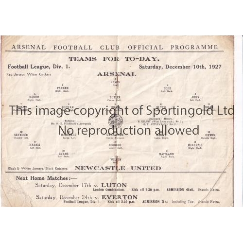 153 - ARSENAL          Programme for the home League match v Newcastle United 10/12/1927, creased with ver... 
