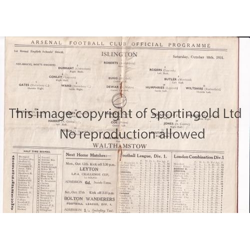 154 - NEUTRAL AT ARSENAL 1931      Programme for the English Schools Football Shield tie at Highbury 10/10... 