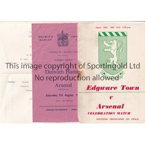 163 - ARSENAL     Four programmes for the away Friendly matches v Edgware Town 29/8/1963, staple rusted aw... 