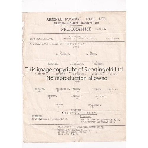 172 - ARSENAL      Single sheet programme for the home FA Youth Cup tie v Bristol City 20/1/1959, folded i... 