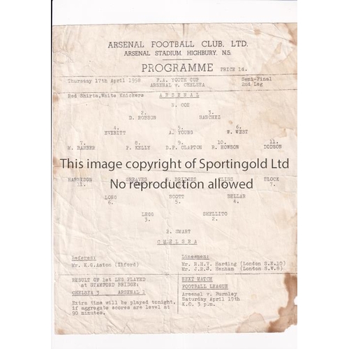 173 - ARSENAL        Single sheet programme for the home FA Youth Cup tie v Chelsea 17/4/1958, slightly fo... 