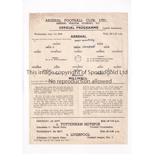 174 - ARSENAL     Single sheet programme for the home Football Combination League match v Millwall 1/9/194... 