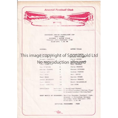 177 - ARSENAL      Single sheet programme for the home Southern Junior Floodlight Cup Semi-Final v Aston V... 