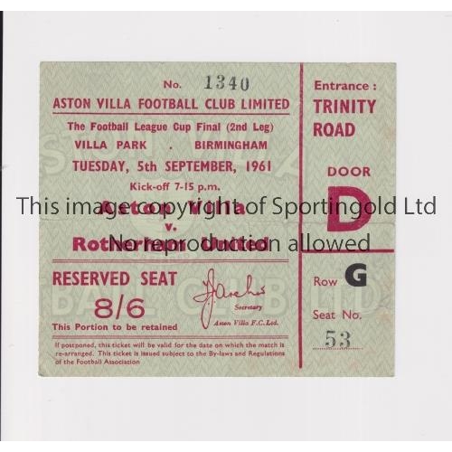 176 - 1961 LEAGUE CUP FINAL / ASTON VILLA V ROTHERHAM UNITED     Ticket for the 2nd Leg at Villa, slightly... 