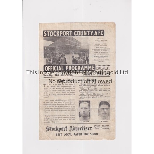 1096 - STOCKPORT COUNTY V YORK CITY 1947        Programme for the League match at Stockport 31/5/1947, crea... 