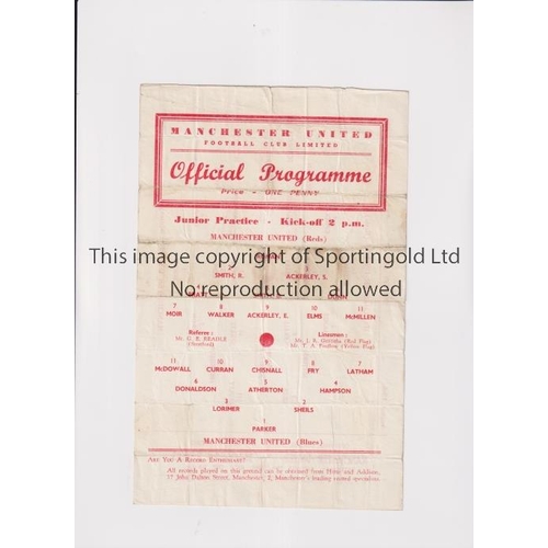 1122 - MANCHESTER UNITED         Single sheet programme for the Junior and Senior Practice Matches 13/8/196... 