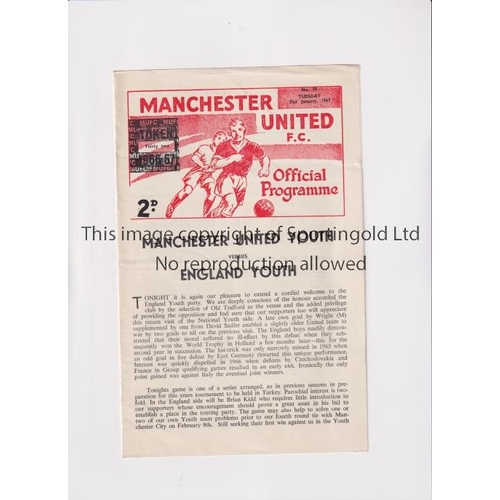 1123 - MANCHESTER UNITED         Programme for the home Friendly v England Youth 31/1/1967, slightly crease... 