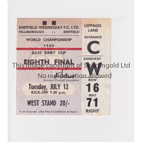 1188 - 1966 WORLD CUP SHEFFIELD       Ticket for the match West Germany v Switzerland 12/7/1966, slightly m... 