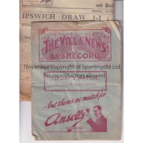 1240 - 1939 ASTON VILLA V IPSWICH TOWN FA CUP   Programme and newspapers for the tie at Villa on 7/1/1939. ... 