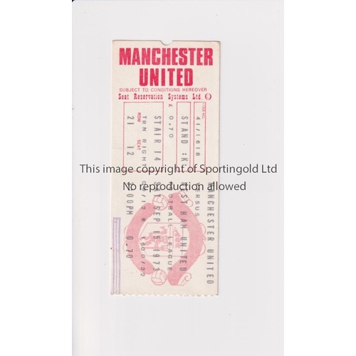 1252 - MANCHESTER UNITED     Ticket for the home League match v West Ham United 15/9/1973.     Good