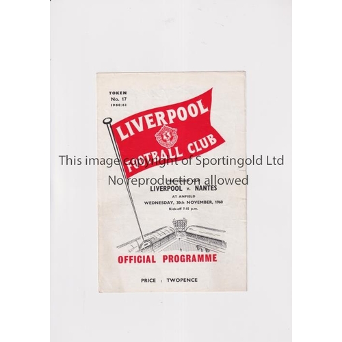 131 - LIVERPOOL V NANTES 1960            Programme for the friendly match at Liverpool 30/11/1960. Slightl... 