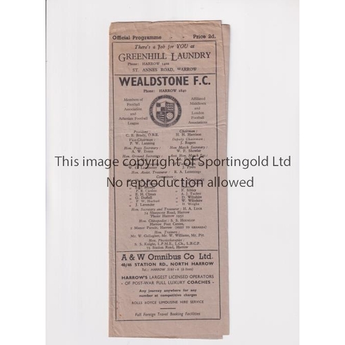 1367 - ATHENIAN LEAGUE V NIGERIAN FA XI 1949     Programme for the match at Wealdstone FC 21/9/1949, slight... 