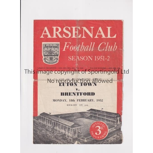 1370 - LUTON V BRENTFORD 1952 FA CUP     Programme for the FA Cup fourth round second replay at Arsenal FC ... 