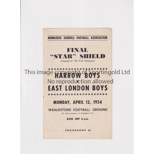 1372 - HARROW BOYS V EAST LONDON BOYS 1954      Programme for the match at Wealdstone FC 12/4/1954, sightly... 