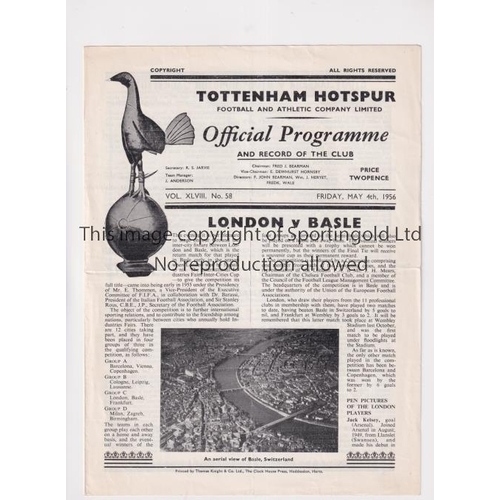 1376 - LONDON V BASEL 1956 AT TOTTENHAM HOTSPUR         Programme for the match at Tottenham 4/5/1956, fold... 