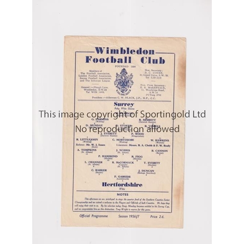 1382 - SURREY V HERTFORDSHIRE 1956/57         Programme for the Southern Counties Championship match at Wim... 