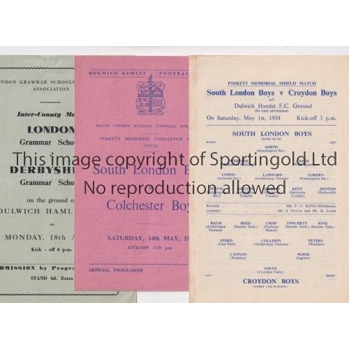 1387 - SCHOOLBOYS FOOTBALL  AT DULWICH HAMLET FC     Three programmes, South London Boys v Colchester Boys ... 