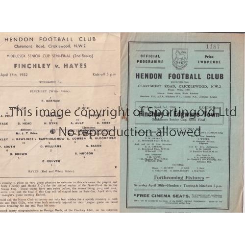 1396 - MIDDLESEX SENIOR CUP SEMI FINALS AT HENDON FC       Two programmes: Finchley v Hayes 17/4/1952, Finc... 