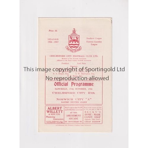 1464 - NORWICH CITY     Programme for the away Eastern Counties League match v Chelmsford City 27/10/1956. ... 